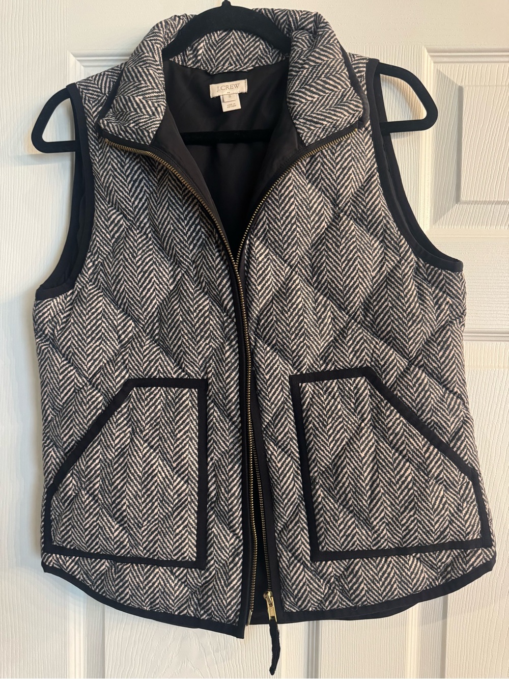 J. Crew Black & White Herringbone Quilted Vest with Contrast Trim